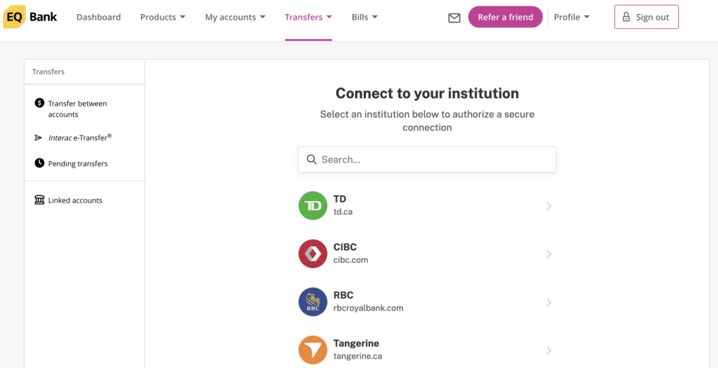 EQ bank list of banks to connect accounts