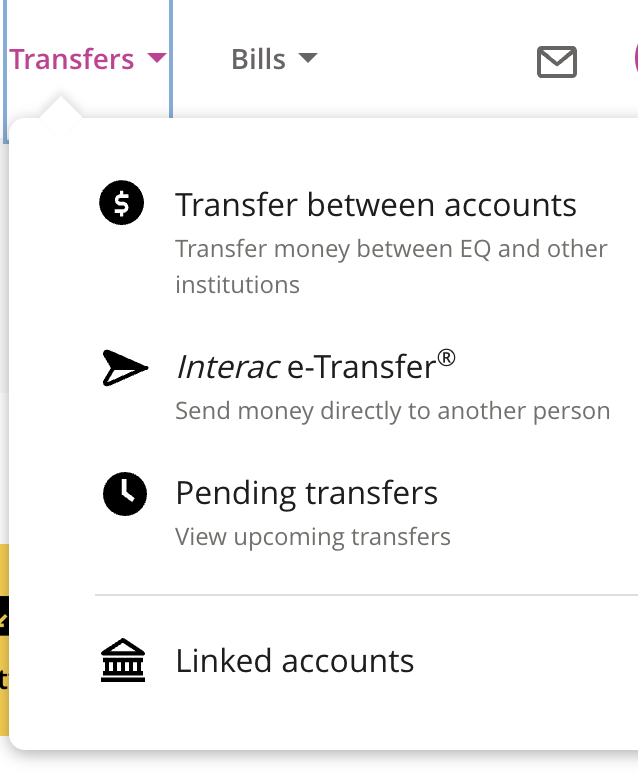Menu list under Transfers in my EQ bank account