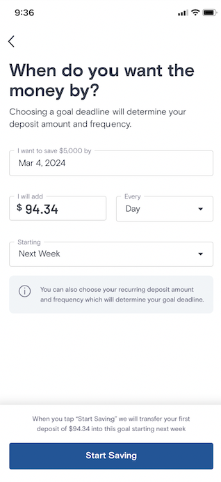 KOHO savings goals in app: selection of date, amount, frequency